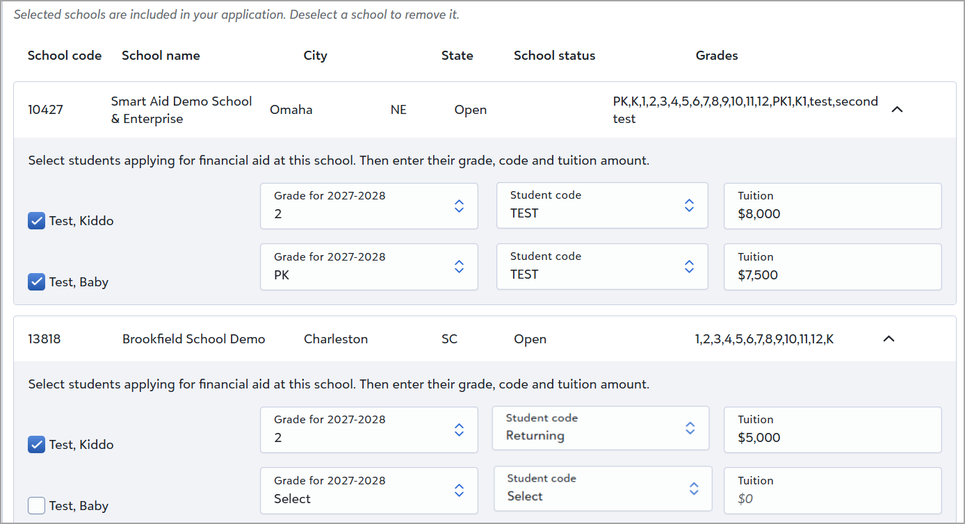 Selected schools section displaying two siblings applying to a school and only one to another school.